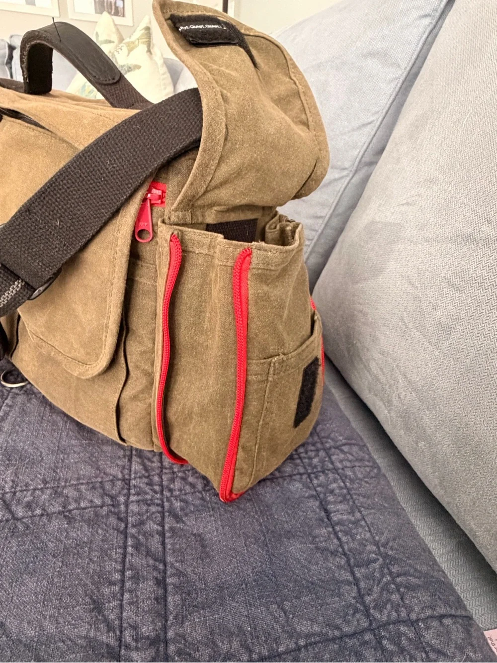 Canvas Messenger Bag /Camera Bag in Green  with Black Strap, Orange trim